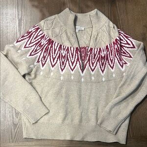 LOFT Tan and Red Patterned Turtleneck Sweater